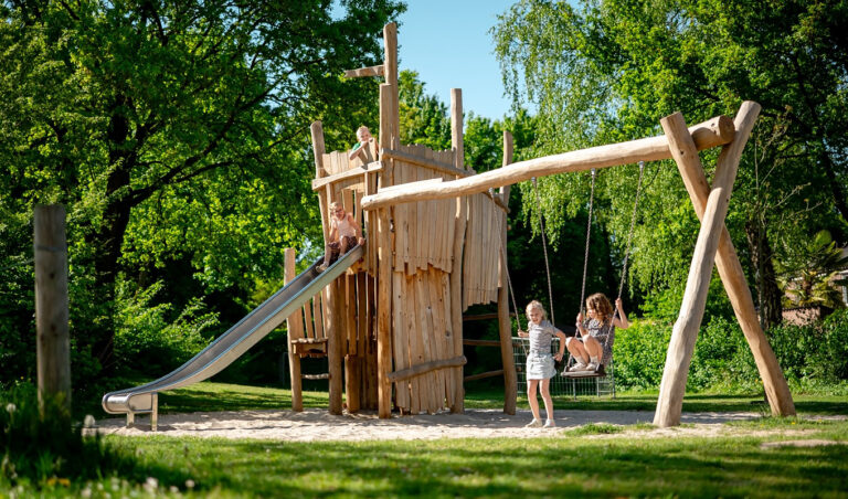 Speelcombi met dubbele schommel op een speelplek