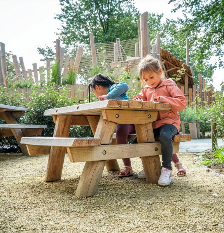 Kleuters zittend aan een picknicktafel