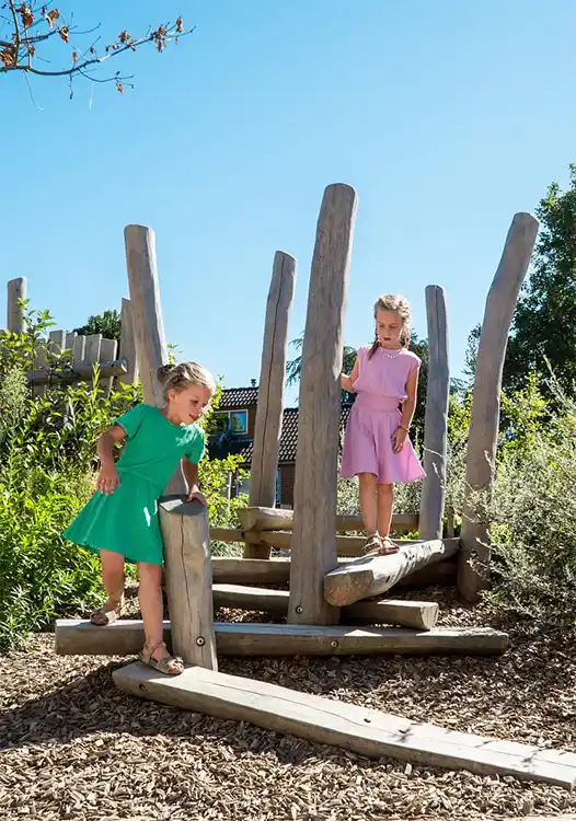 Kinderen spelen op balanceerstammen